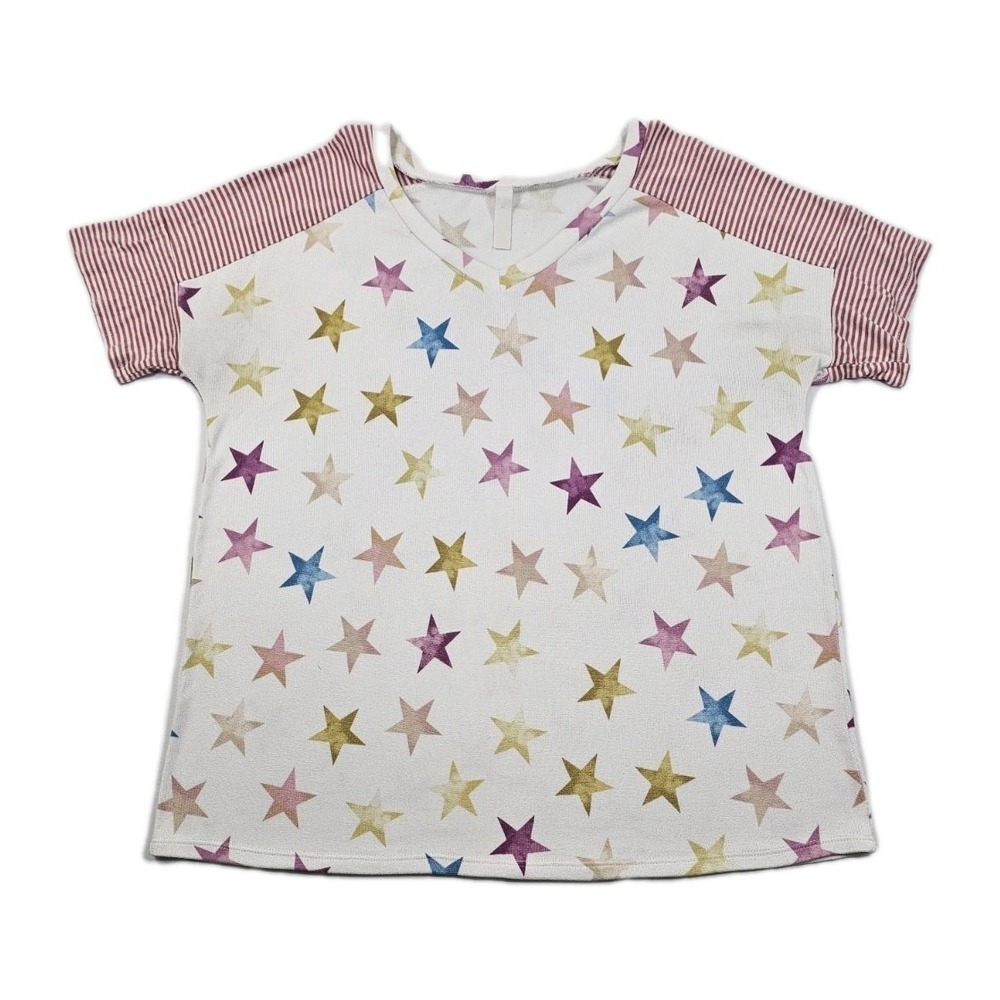 White Multi Color Star Print Design Striped Short Sleeve Top Soft
